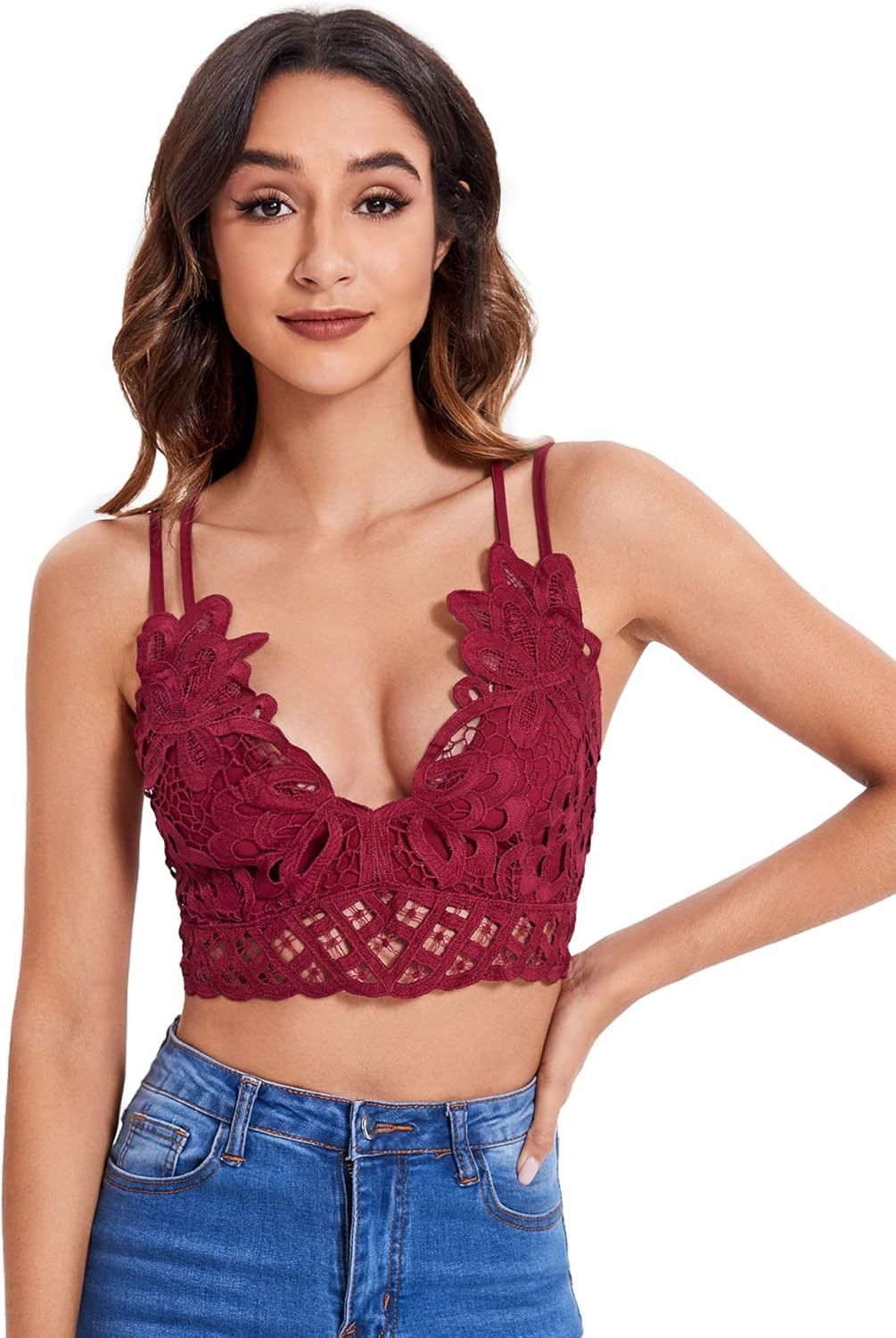 SheIn Women's Criss Cross Back Lace Bra Deep V Sexy Scalloped Strappy Bralette | Amazon (US)