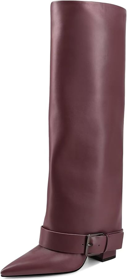 Knee High Boots Women Fold Over Chunky High Heel Wide Calf Pointed Toe Boots Belt Buckle Fall Lon... | Amazon (US)