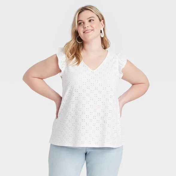 Women's Plus Size V-Neck Slim Fit Eyelet Ruffle Tank Top - Ava & Viv™ | Target