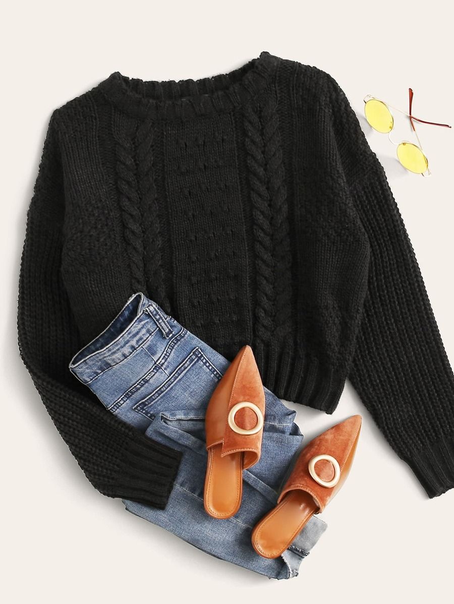 SHEIN Drop Shoulder Chunky Knit Crop Sweater | SHEIN