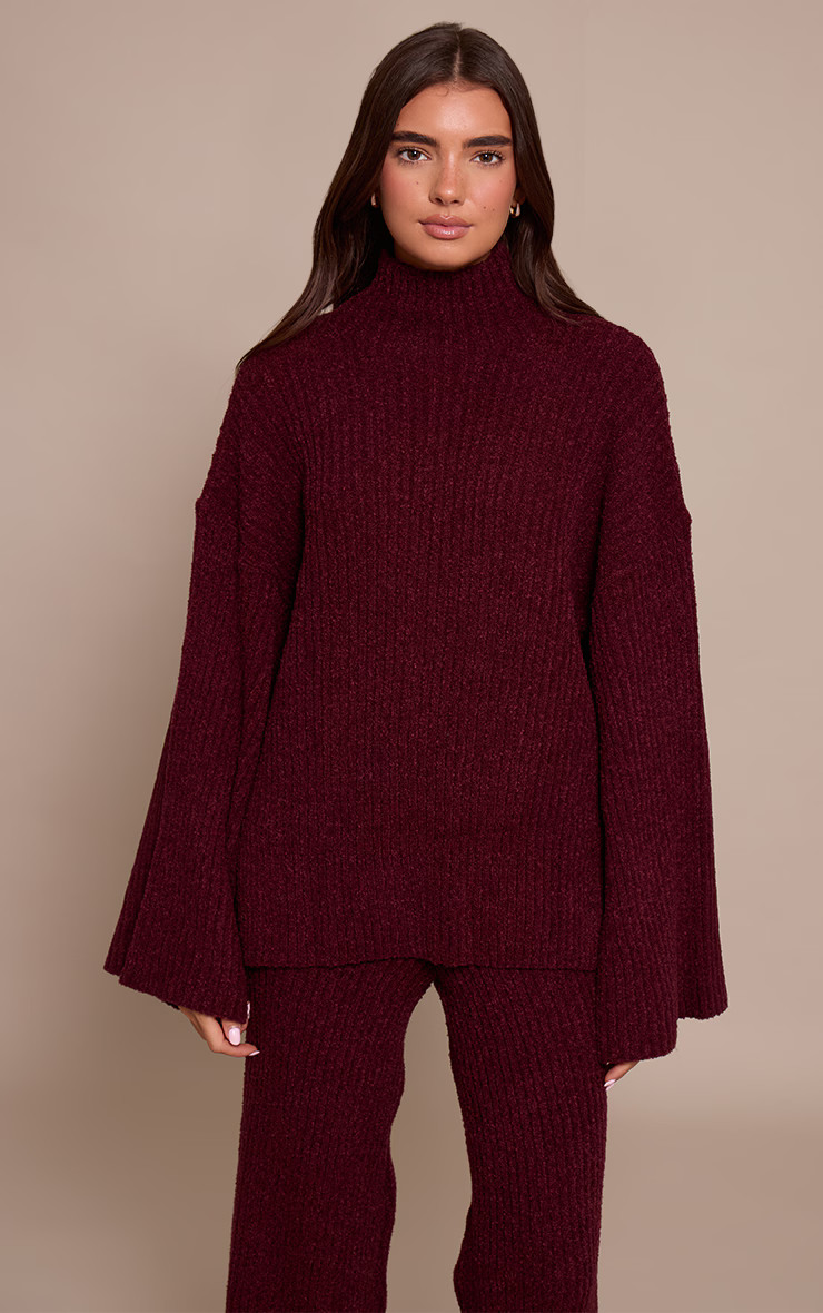 Burgundy Rib Boucle Knit Oversized Sweater | Knitwear | PrettyLittleThing US