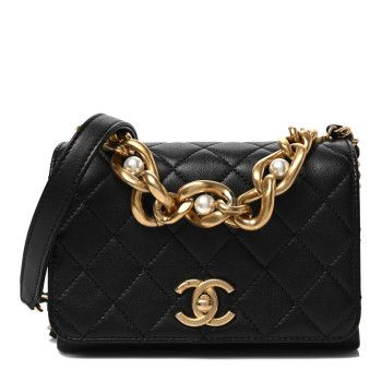 Calfskin Quilted Pearl Jewel Chain Flap Black | FASHIONPHILE (US)