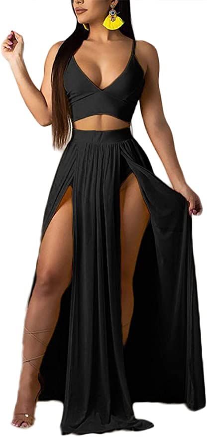 Women Sexy 2 Piece Outfits Dress Chiffon Strap Deep V Neck Bra Crop Top High Split Maxi Dresses S... | Amazon (US)