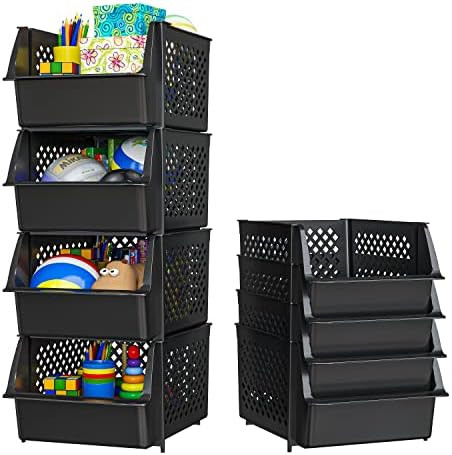 Skywin Plastic Stackable Storage Bins for Pantry - 4-Pack Black Stackable Bins For Organizing Food,  | Amazon (US)