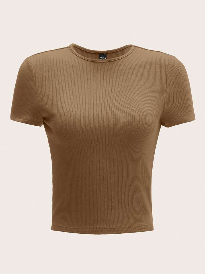 SHEIN EZwear Solid Rib-knit Tee | SHEIN