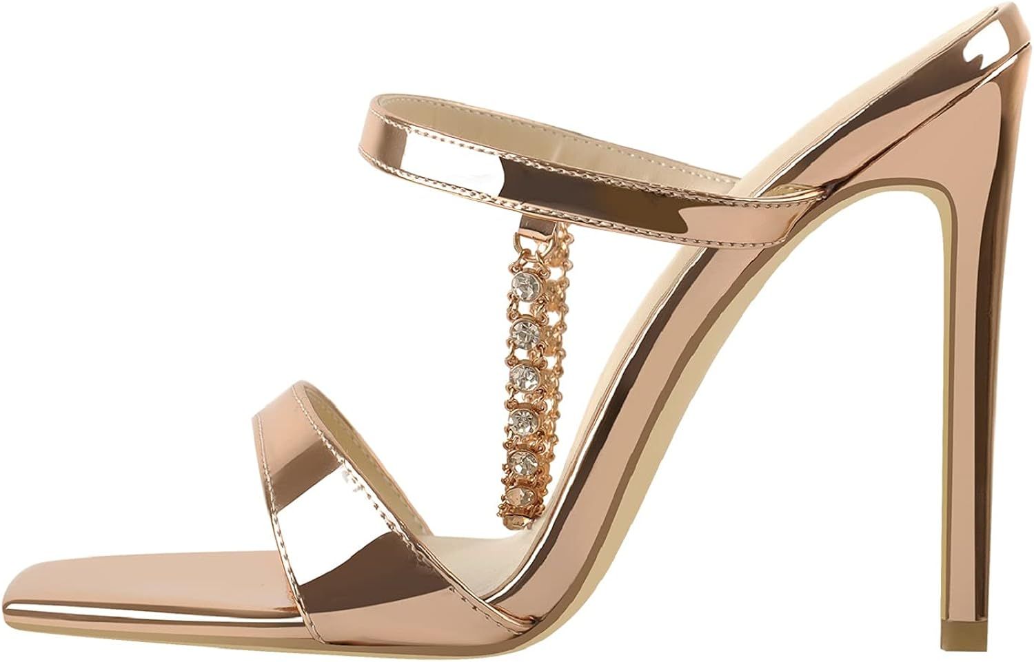 Women's Rhinestone Stilettos Slip on Sparkly Chain Square Toe Mules Sandals | Amazon (US)