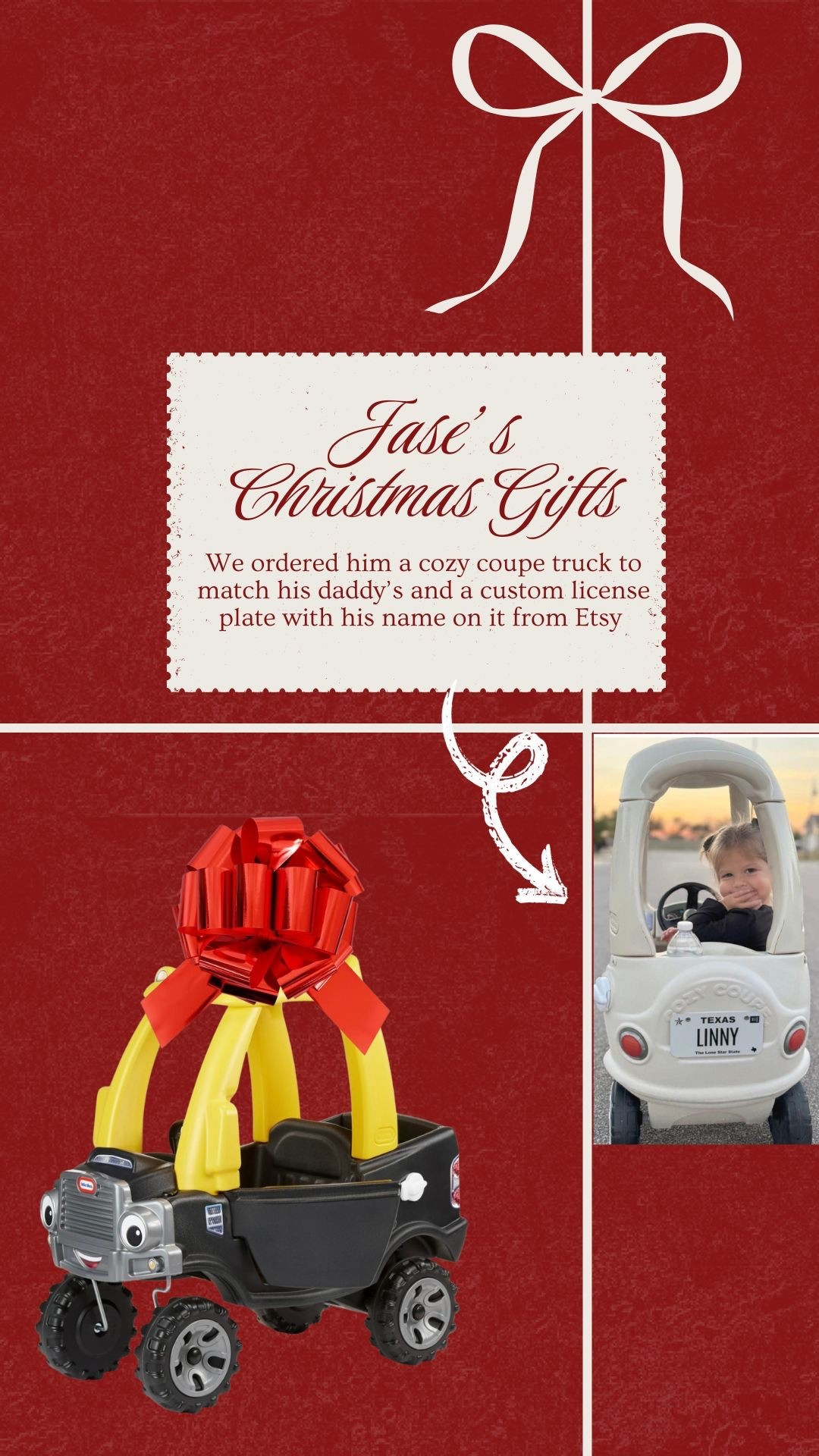 One of our favorite Christmas gifts for our toddler boy this year is this cozy coupe truck, it recently went on sale and we ordered a custom license plate for it with his name from Etsy! The toy truck is available on Amazon and Walmart both, linking it as well as the custom license plate and large bow! 

#LTKHoliday #LTKKids #LTKGiftGuide