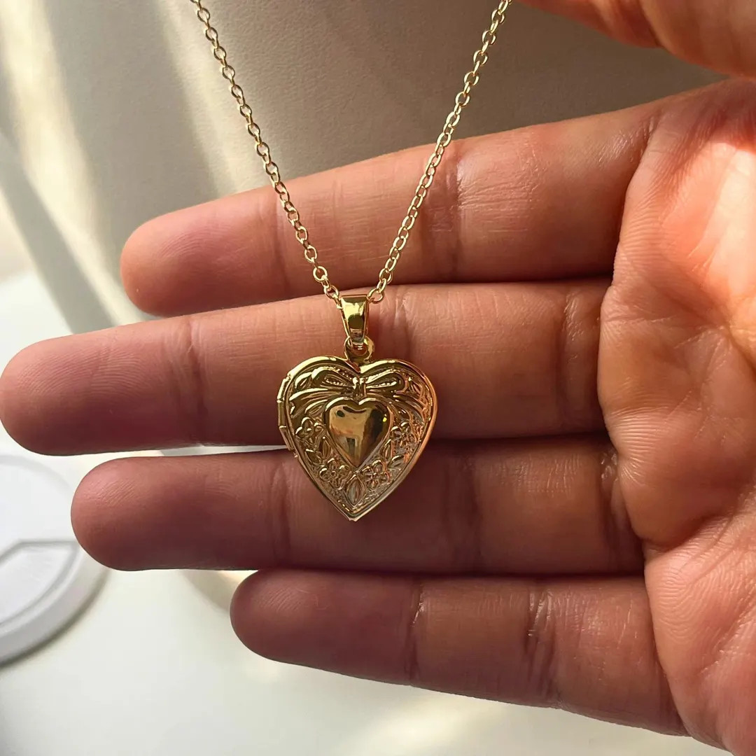 Gold Plated Vintage Style Heart Locket Necklace | 17 Inch Heart Pendant | Dainty Gold Necklace | ... | Etsy (US)