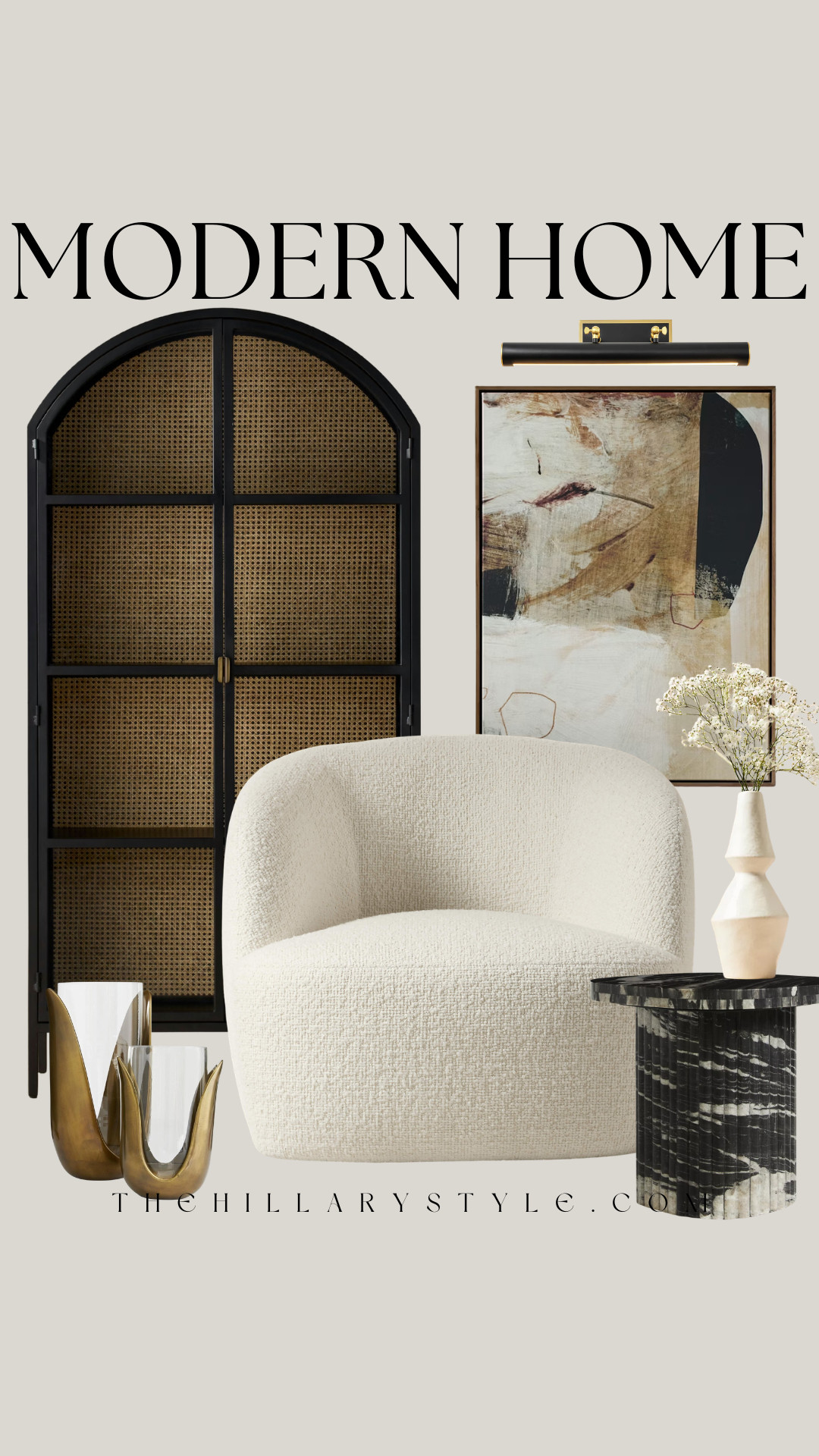 Modern Home: Chic Living Room Nook

Elevate your home design with this effortlessly curated living room nook that blends modern aesthetics with organic textures. The striking black arched cabinet with natural cane doors makes a powerful style statement, offering both storage and a high-end look. Paired with the ultimate cozy element—a plush cream boucle barrel chair—this setup creates a sophisticated yet inviting corner. Complete with dramatic abstract art and unique marble and metal accents, it’s the perfect inspiration for your next room refresh. 

 #TheHillaryStyle #OrganicModern #CuratedHome #BlackArchedCabinet #BoucleChair #LivingRoomDecor #AbstractArt #HomeStaging #LuxuryInteriors #ModernCoastal #TexturedDecor #PinterestInterior 

#LTKHome #LTKdayinmylife #LTKSeasonal #LTKHome