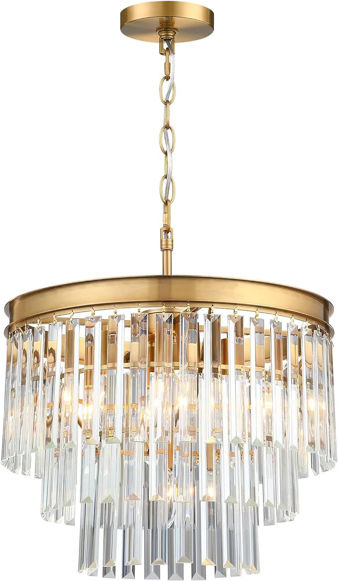 MEXO Crystal Chandelier Lighting Fixture Gold Finish 3-Tier Crystal Chandelier Ceiling Light, Cir... | Amazon (US)
