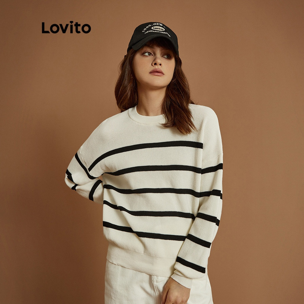 Lovito Casual Suéter Listrado Macio Alta Elasticidade L32UD004 (Off white) | Shopee (BR)