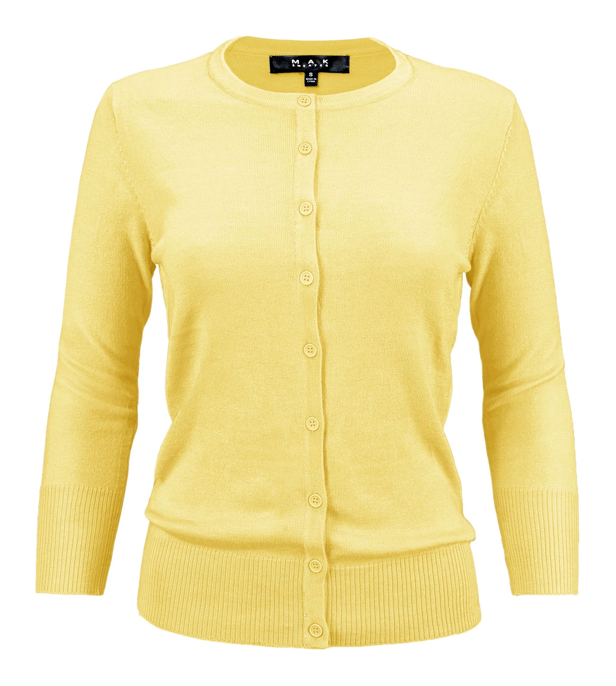 YEMAK Women's Knit Cardigan Sweater – 3/4 Sleeve Crewneck Basic Classic Casual Button Down Soft... | Walmart (US)