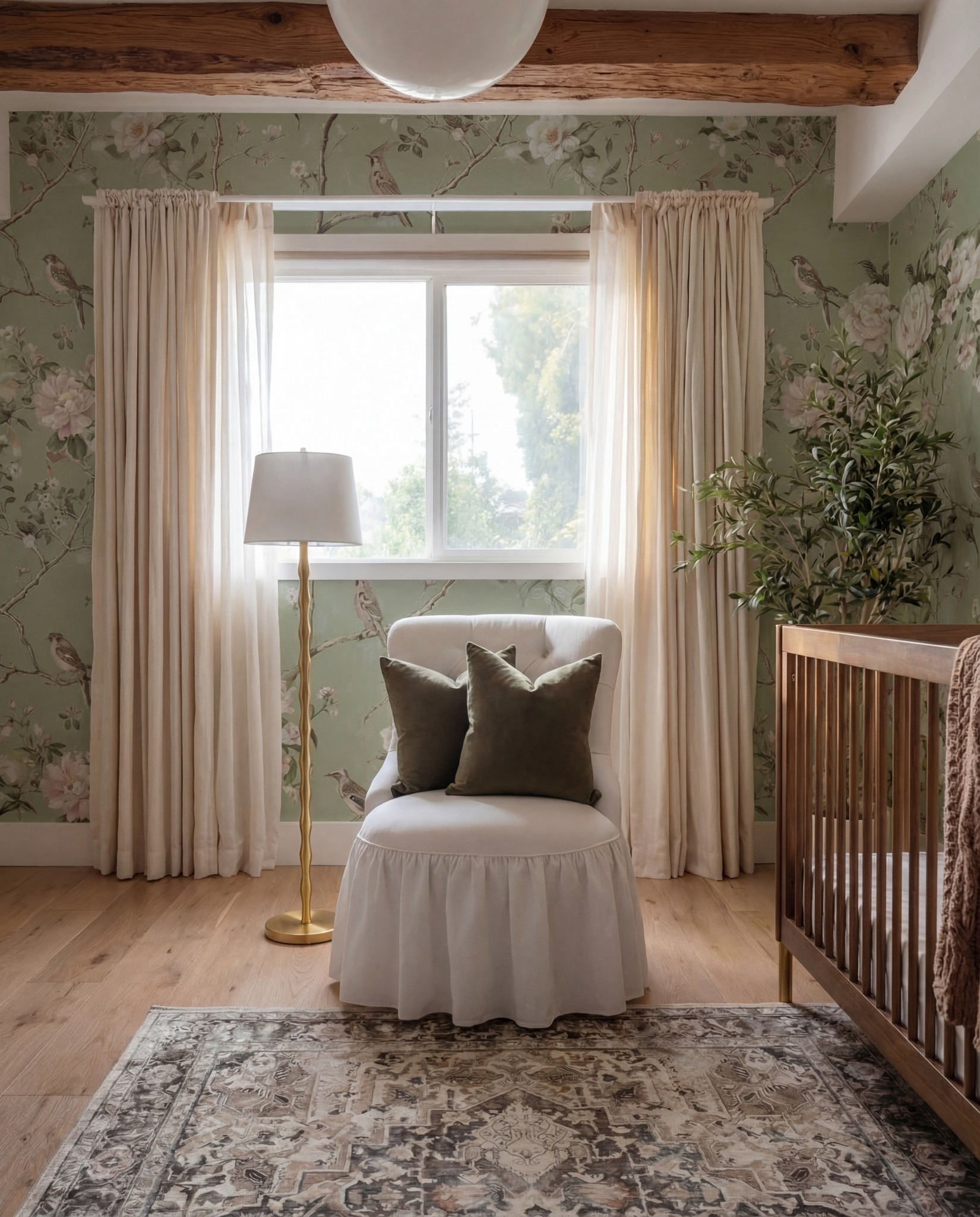 Shop the Look:
• Floral wallpaper (soft green with botanical print)
• Solid wood crib (warm walnut tone)
• Knit throw blanket (neutral brown)
• Wood dresser with woven drawer fronts
• Changing tray (wood)
• Round brass-framed wall mirror
• Oval framed animal artwork
• Decorative wall animal mount
• Upholstered accent chair (ivory)
• Green accent pillows
• Floor lamp (brass base, white shade)
• Table lamp (ceramic base, white shade)
• Pendant ceiling light (soft white globe)
• Neutral vintage-style area rug
• Light wood flooring
• Sheer curtains with linen drapery panels

#LTKFindsUnder100 #LTKHome #LTKSaleAlert