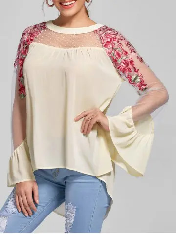 Embroidery Flare Sleeve High Low Blouse | Rosegal US