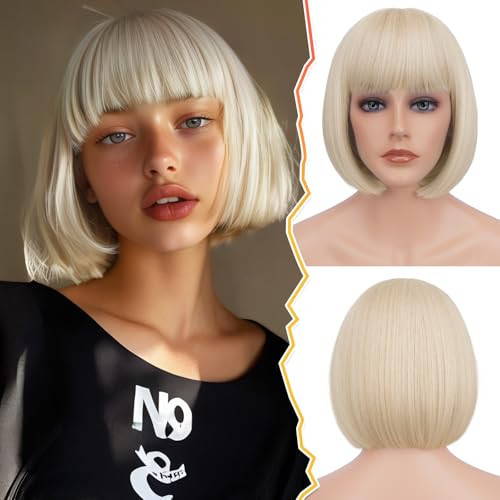 BARSDAR Short Blonde Bob Wigs - Short Light Blonde Bob Wig With Bangs for Women - 12 Inch Chin-Length Natural Looking Soft Synthetic Hair Replacement Halloween Party Bobs Wigs | Amazon (US)