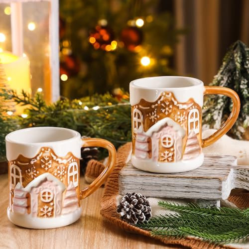 FillTouch 2 Pack Christmas Gingerbread House Ceramic Coffee Mug 11.8 oz Cute Christmas Coffee Cup Holiday Gift for Centerpieces Decorations Housewarming Women Men Gifts Milk Cocoa Tea Latte | Amazon (US)