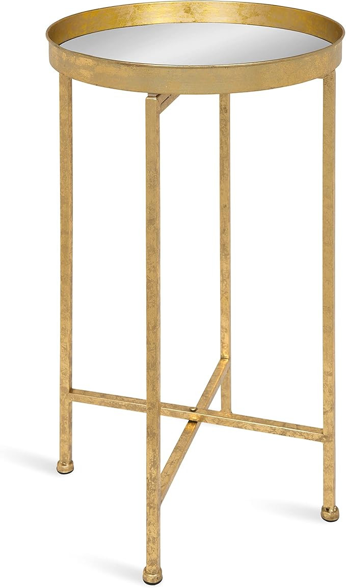 Kate and Laurel Celia Round Metal Foldable Accent Table with Mirror Tray Top, Gold | Amazon (US)