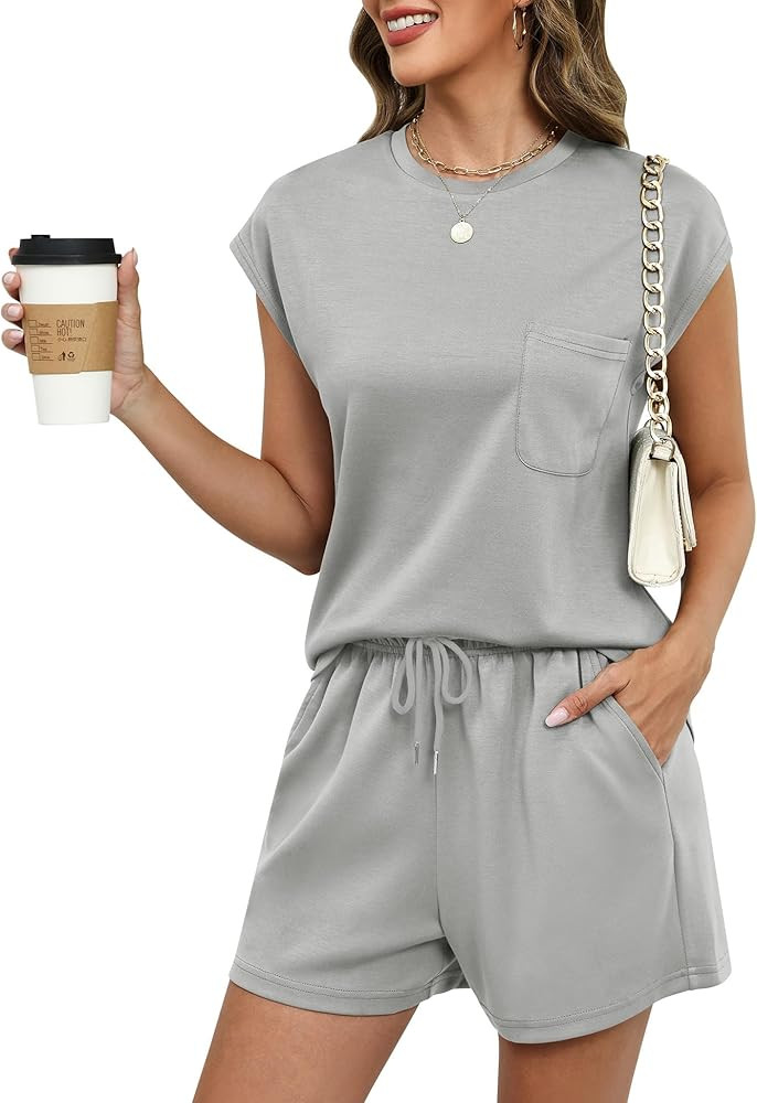 LOMON Two Piece Shorts Sets for Women Vacation Trendy Lounge Sets Crew Neck Matching Sets Cap Sle... | Amazon (US)