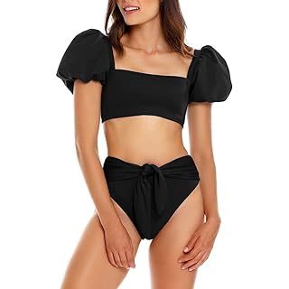 Avanova Women's Square Neck Puff Sleeve Bikini Tie Back High Waist 2 Piece Cozy Bathing Suits | Amazon (US)