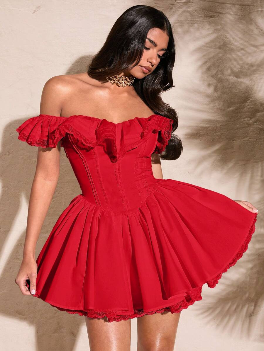 SHEIN BAE Summer White Sexy Sweetheart Neckline Lace Petal Sleeve Plain Ruffle Bust Skater Dress ... | SHEIN