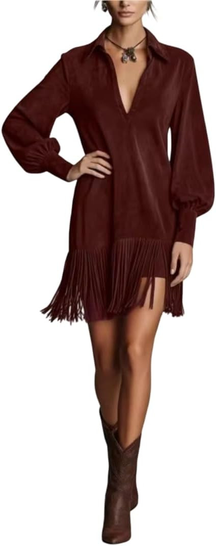 Women Western Suede Fringe V‑Neck Lantern Long Sleeve Tassel Shift Dress | Amazon (US)