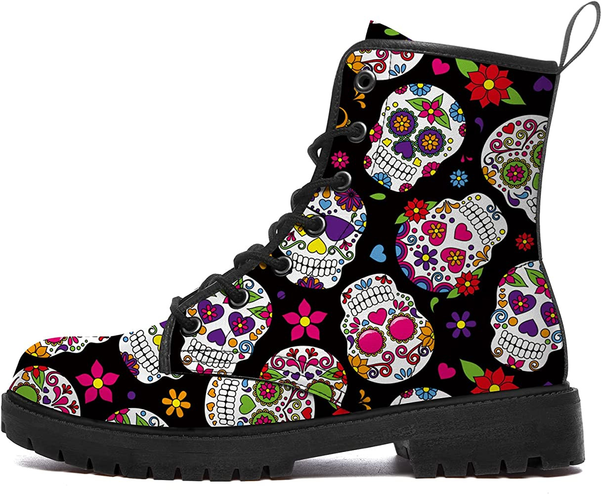 Sugar Skull Boots Womens Mens Combat Boots Lace up Ankle Booties Waterproof Lace Up Anti-Slip Boo... | Amazon (US)