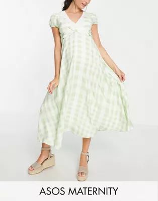ASOS DESIGN Maternity cap sleeve midi tea dress with lace inserts in gingham | ASOS (Global)