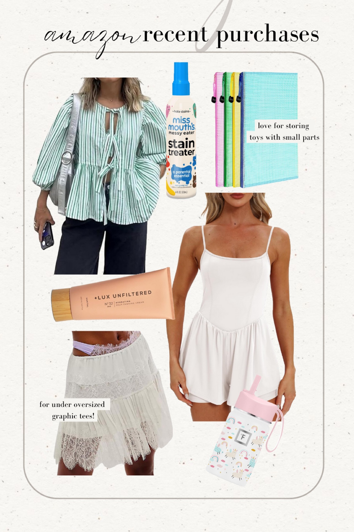 some recent Amazon buys! 

Amazon fashion, self tanner, toy organization, kids water bottles 