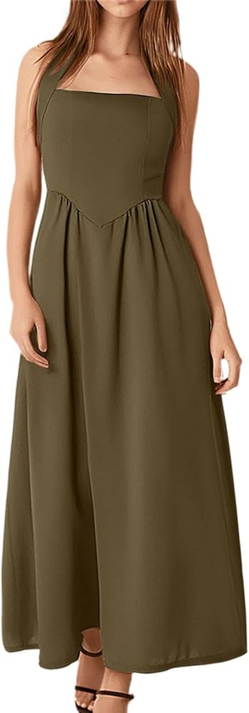 Midi Dresses for Women 2025 Summer Ruched Midi Dresses Tie Back Slimming Stretchy Sundress Sexy G... | Amazon (US)