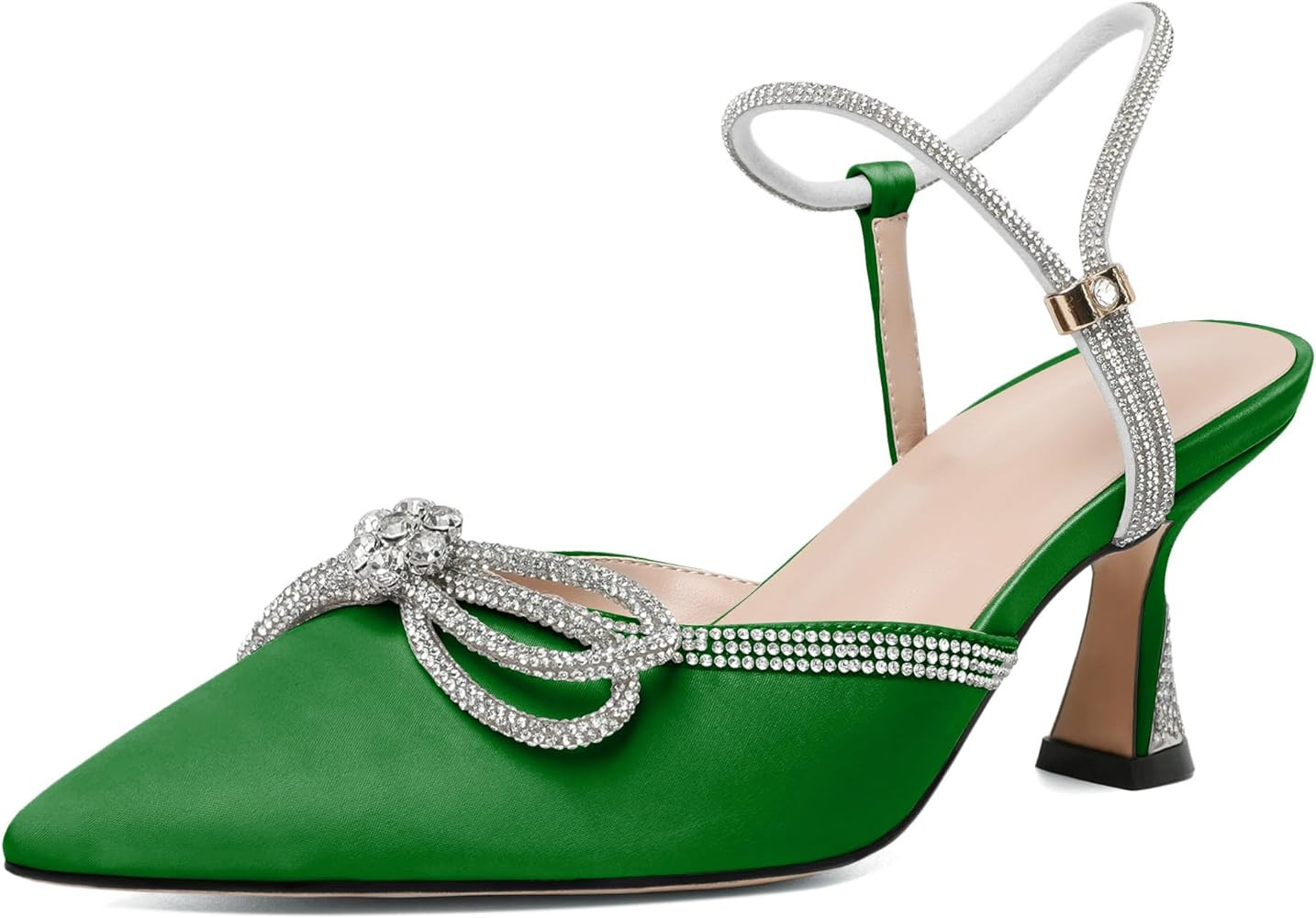 Joseywade Rhinstone Bow Heels Low Kitten Heel Double Bow Pumps Pointed Toe Women Slingback Adjust... | Amazon (US)