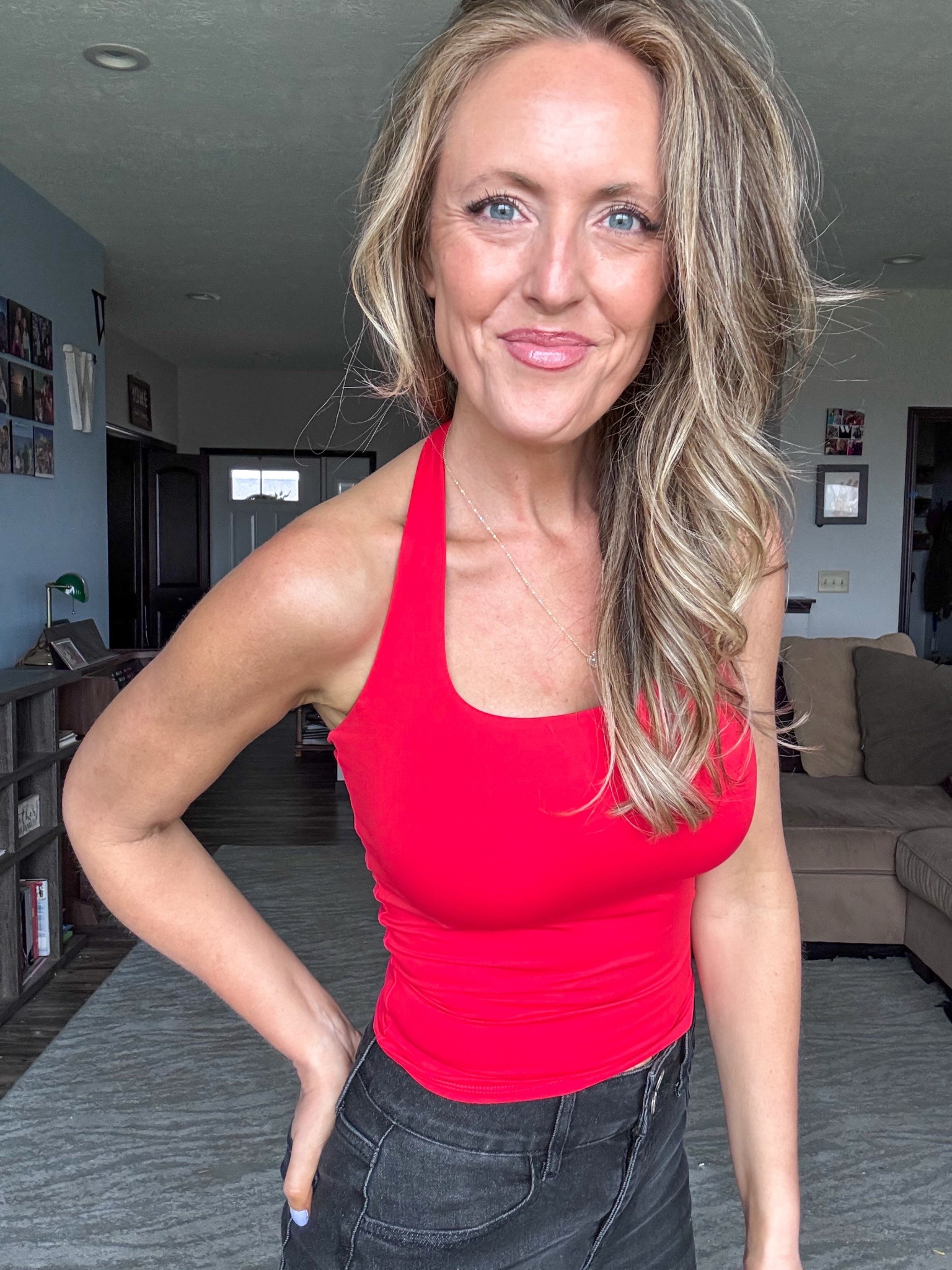 Absolutely obsessed with this red halter top! ❤️ Double lined and so comfortable! Wearing an xsmall.

As an Amazon Influencer I earn commission on qualifying purchases.

Red top, date night outfit inspiration, mom style, spring fashion 2026, ootd, double lined top, black cropped denim

#LTKMidsize #LTKootd #LTKOver40