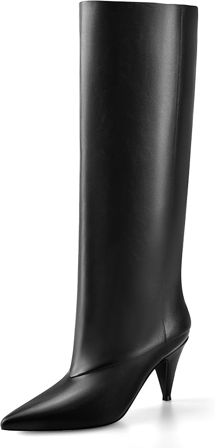 MIRAAZZURRA Knee High Boots Women Fold Over Boots Wide Calf Slouchy Cone Heel Pointed Toe Pull on... | Amazon (CA)