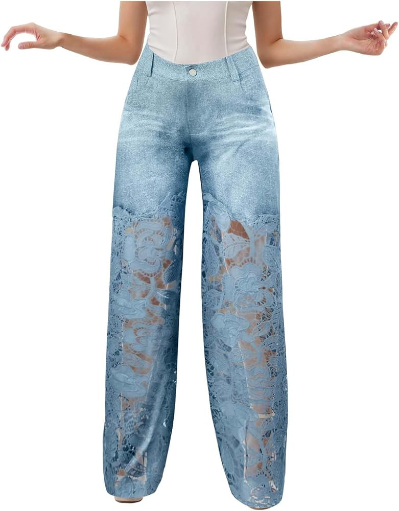Women's Lace Patchwork Jeans High Waisted Straight Wide Leg Hollow Out Sheer Flower Baggy Stetch ... | Amazon (CA)