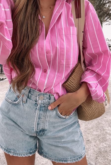Cute and casual outfit for spring and summer! 

Spring fashion, summer fashion, casual fashion, pink button up shirt, Agolde denim, Agolde shorts, denim shorts 

#LTKSeasonal #LTKTravel #LTKStyleTip