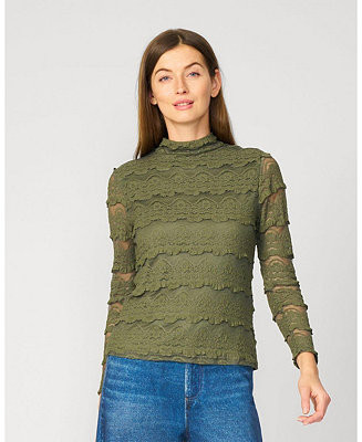 Cable & Gauge Women's Ruffle Lace Stretch Mock Neck Top - Macy's | Macy's
