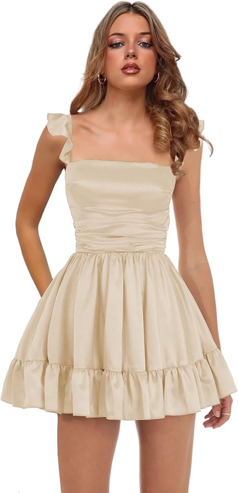 Satin Homecoming Dresses Short Spaghetti Straps Prom Dress for Teens Square Neck Cocktail Party G... | Amazon (US)