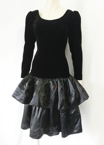 BLACK VELVET & SATIN Vintage 1980s Drop Waist RUFFLED PARTY DRESS - S/XS  | eBay | eBay CA