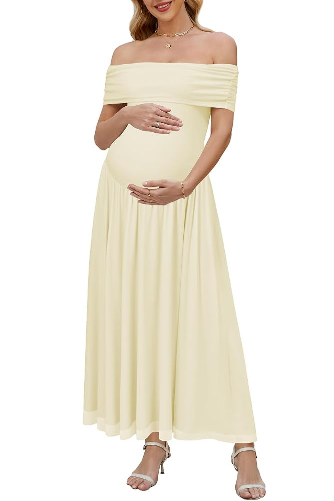 OUGES Women's 2025 Off The Shoulder Mesh Maxi Maternity Dress for Photoshoot Baby Shower Sleevele... | Amazon (US)
