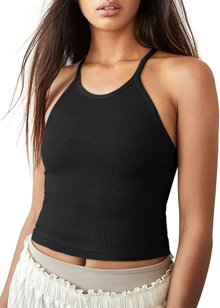 LASLULU Womens Sports Bra Seamless Long Crop Tank Racer Back Spaghetti Strap Workout Yoga Padded ... | Amazon (US)