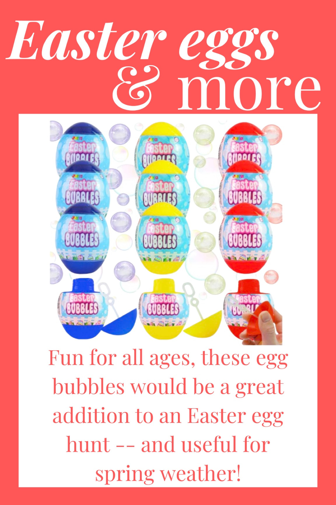 Easter egg shaped bubbles would be such a hit (and a practical toy too!) to use for an egg hunt! Perfect for warmer spring weather and to get kids outside! 

#LTKfamily #LTKkids #LTKSeasonal