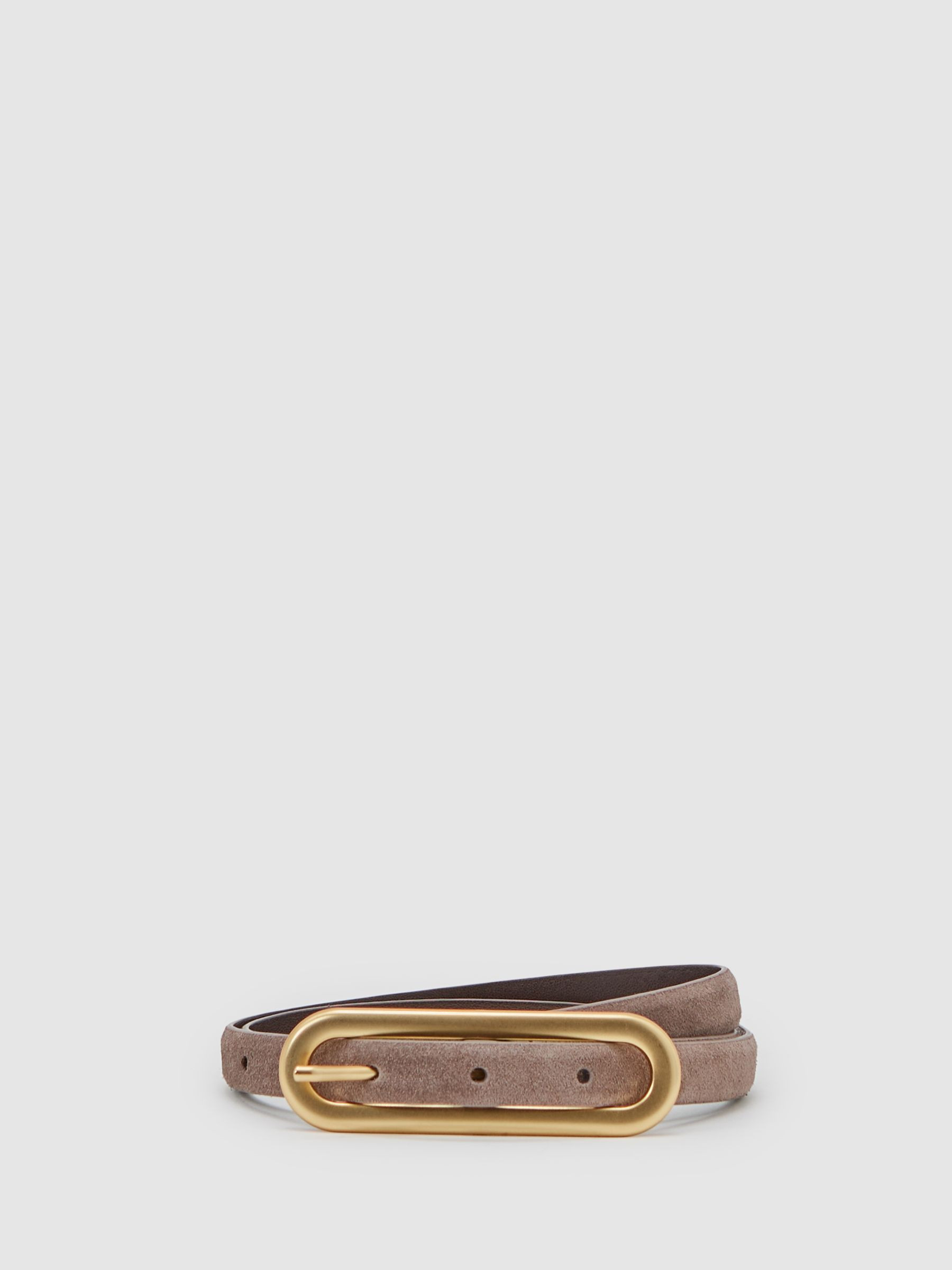 Reiss Thin Leather Elongated Buckle Belt in Taupe | REISS | Reiss US