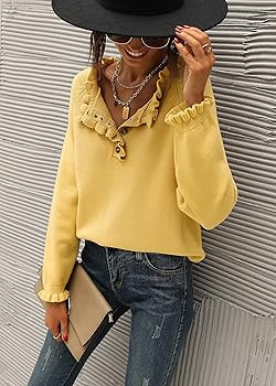 BTFBM Women's Sweaters Casual Long Sleeve Button Down Crew Neck Ruffle Knit Pullover Sweater Tops... | Amazon (US)
