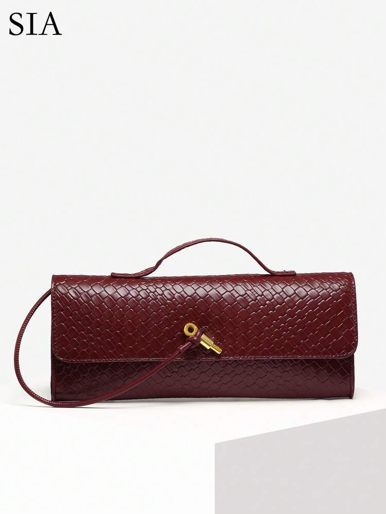 SIA Women Vintage Minimalist Faux Woven Texture Angola Red Retro Flap Lock Large Capacity Clutch Bag, Handbag, Shoulder Bag Suitable For Evening Parties, Daily Wear, Fashionable Clutch Bags For Woman, Party Bags,Perfect For Party Wedding Prom Dinner/Banquet Matching With Holiday Party Dress Evening Dress & Sequin Dress | SHEIN