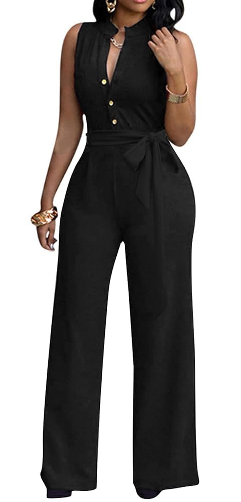 BestGirl Women's Sexy Jumpsuits Floral Print V Neck Sleeveless Wide Leg Long Pants Romper | Amazon (US)