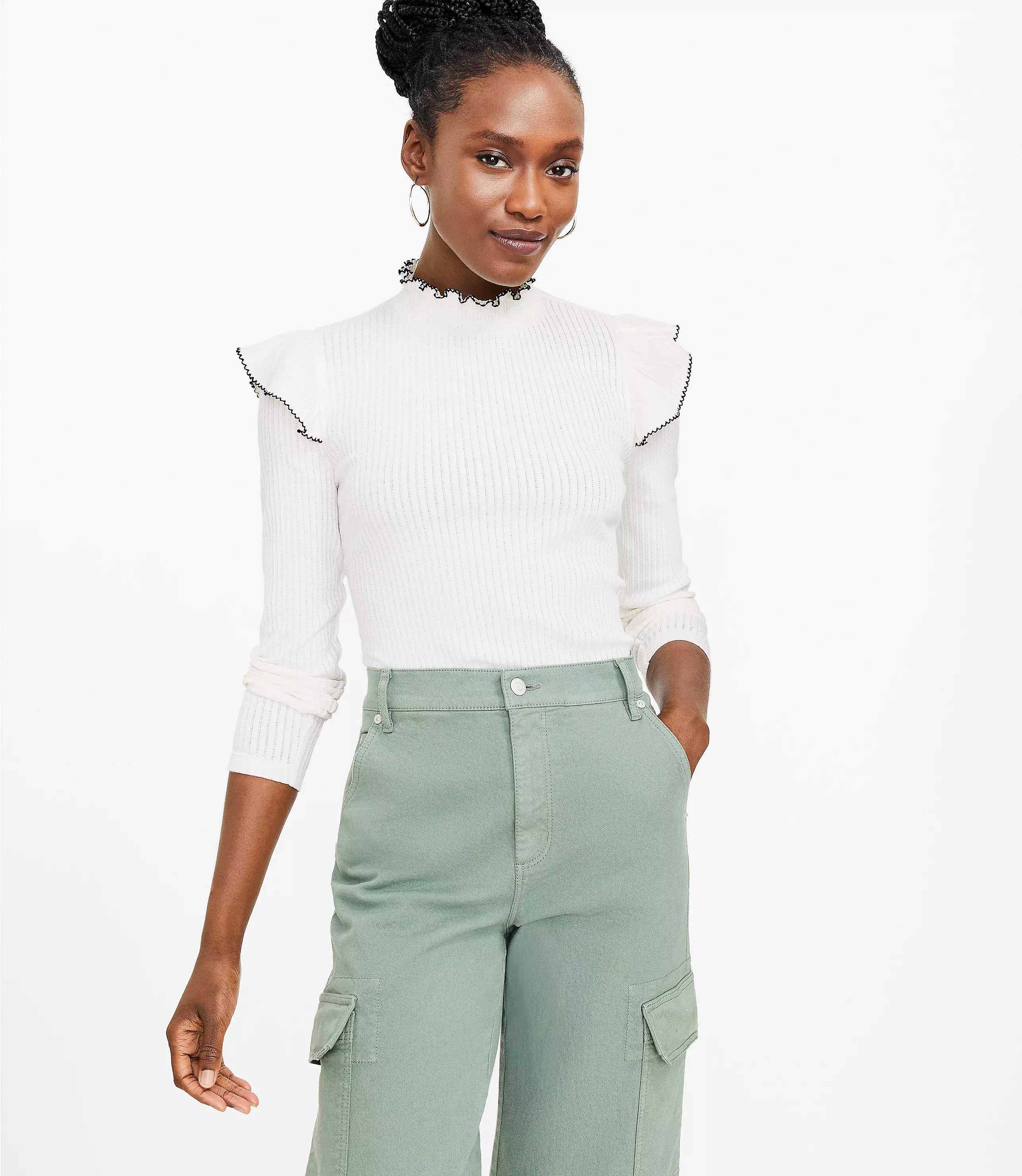 Pointelle Ribbed Ruffle Top | LOFT