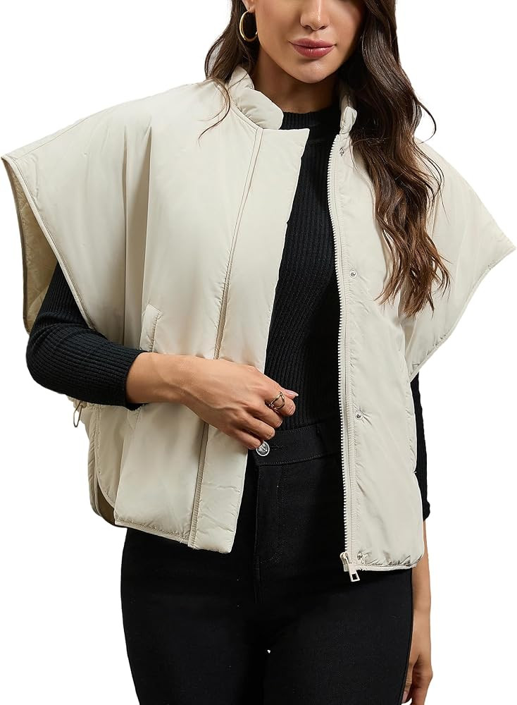 Women's Lightweight Oversized Puffer Cape Vest Cap Sleeve Padded Cape Jacket Outwear with Pockets | Amazon (US)