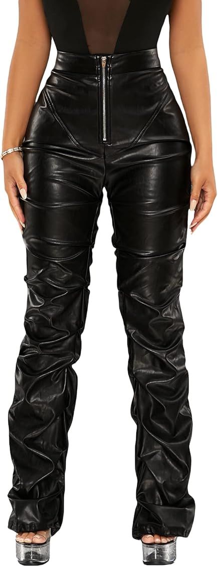 MakeMeChic Women's Faux Leather Pants Straight Wide Leg Leather Pants | Amazon (US)