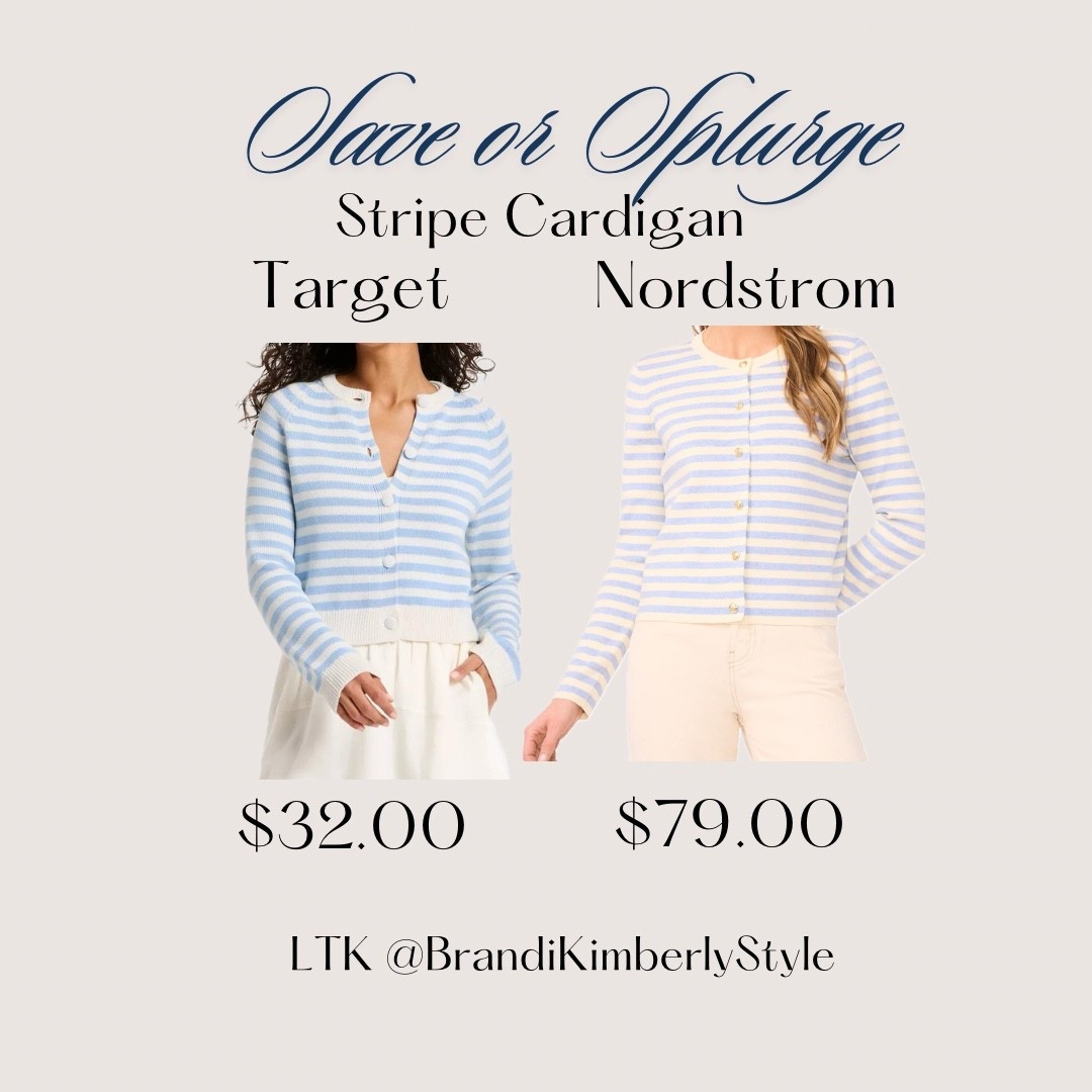 Would you Save or Splurge on these spring cardigans?! The Target brand is a darker shade of blue with small buttons but for a great price. Or, would you rather splurge on this Halogen-Nordstrom cardigan? Both serves its purpose in making you look great 

#LTKootd #LTKWorkwear #LTKSeasonal