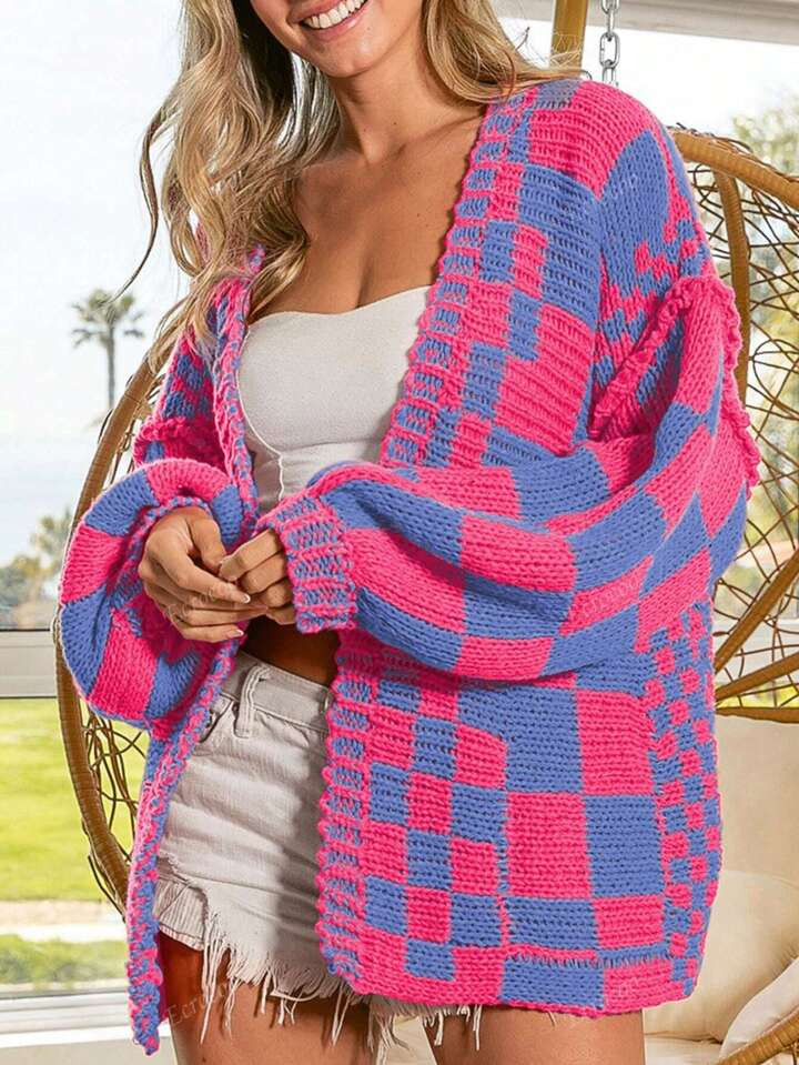 Open Front Mixed Checkered Pattern Knit Cardigan | SHEIN