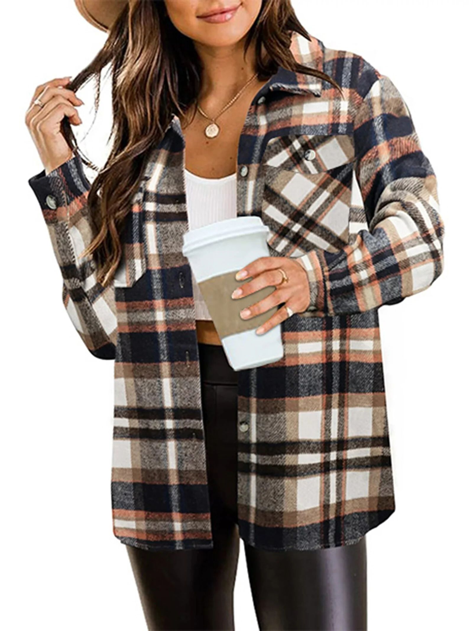 MOSHU Womens Flannel Shirts Button Down Shacket Jacket Plaid Shirts for Women Blouses Coats | Walmart (US)